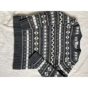 LL Bean Mens Lambswool Fair Isle Sweater Grey Charcoal Nordic Crewneck Small